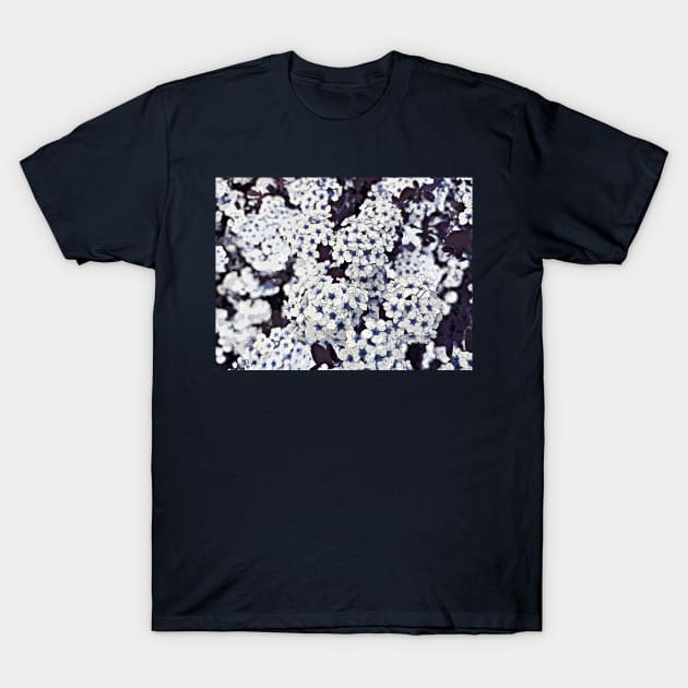 Bush of flowers in white and blue, altered photography T-Shirt by KINKDesign